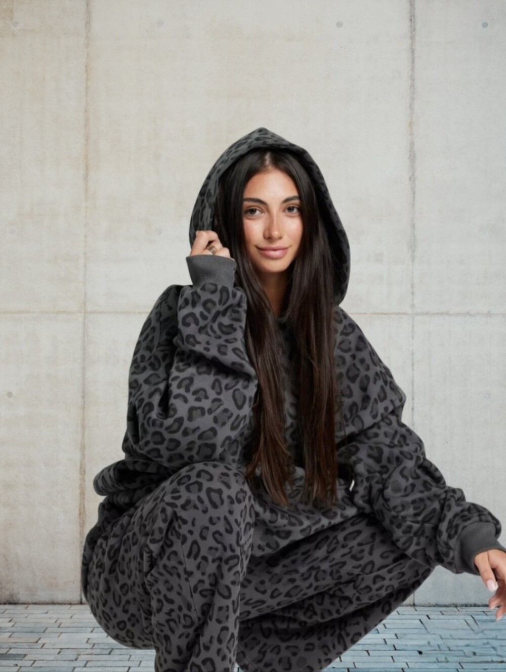 COMFRT- Leopard Print Hoodie & Pants Set- Gray